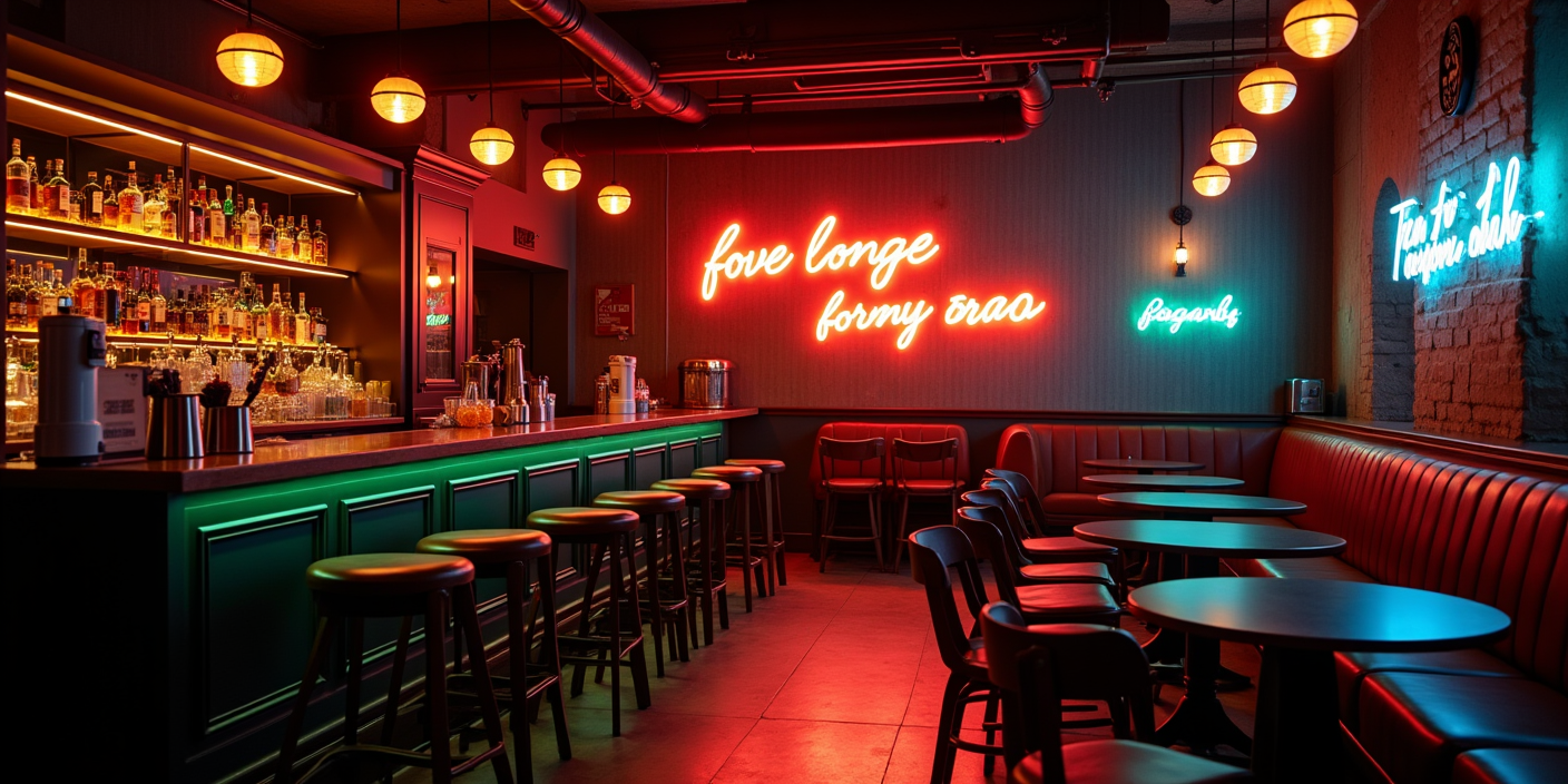 Bar lighting ideas with pendant lights LED accents and neon signs creating a cozy and vibrant atmosphere - Leading LED lighting Manufacturer - Vorlane - Vorlane - Leading LED lighting Manufacturer - Vorlane - Vorlane